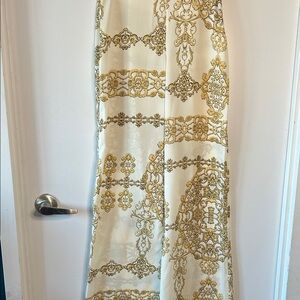 Misguided Cream & Gold Baroque Print Wide Leg Pants Ornate Scarf Style - small